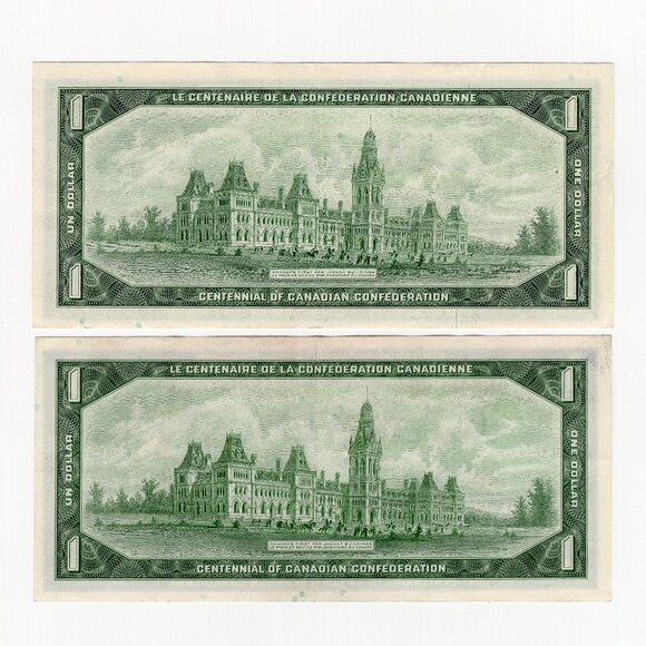 2x 1967 Bank of Canada One 1 Dollar Centennial Bank Note Bills - Picture 2 of 2